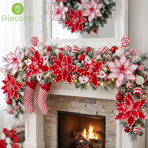 12 PCS Red Candy Cane Poinsettia Picks Artificial Xmas Flower Decor (Red)