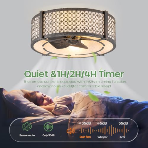 Boho Low Profile Flush Mount Fandelier Ceiling Fan with Light and Remote