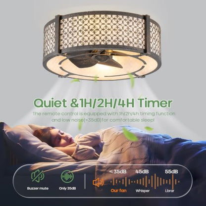 Boho Low Profile Flush Mount Fandelier Ceiling Fan with Light and Remote