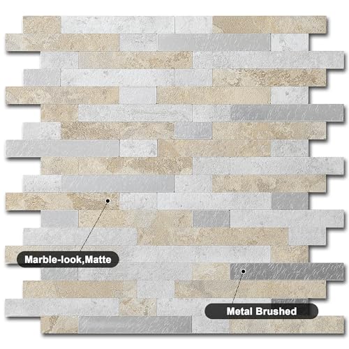 Marble Peel and Stick Backsplash Stick Tiles Subway Beige Gray 10 (Beige Grey)