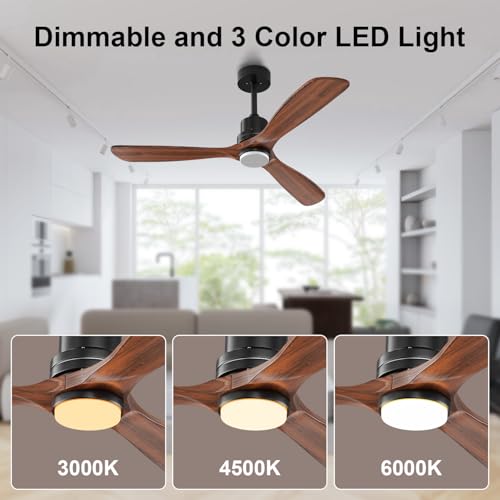 Ceiling Fans with Lights 52IN Outdoor Ceiling Fan with Remote Control Wood Modern Ceiling Fans with Light for Patios Noiseless Reversible DC Motor (Dark walnut / 52IN)