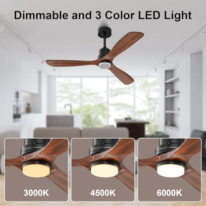 Ceiling Fans with Lights 52IN Outdoor Ceiling Fan with Remote Control Wood Modern Ceiling Fans with Light for Patios Noiseless Reversible DC Motor (Dark walnut / 52IN)