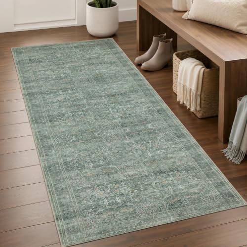Runner Rug 2x6 Washable Vintage Floral Rug (Moss Green / 2' x 6' (Rectangular))