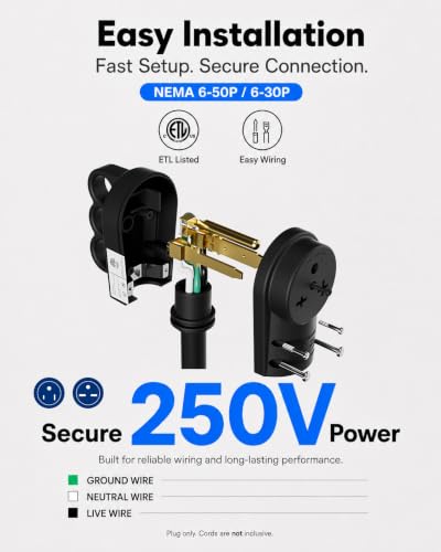 2-in-1 NEMA 6-30P & 6-50P Male Plug Heavy Duty 220 Plug 3 Prong, 30/50 Amp Power Plug for Welder/Generator, Industrial Grade, Grounding, 50 amp 3 Prong Plug, ETL Listed