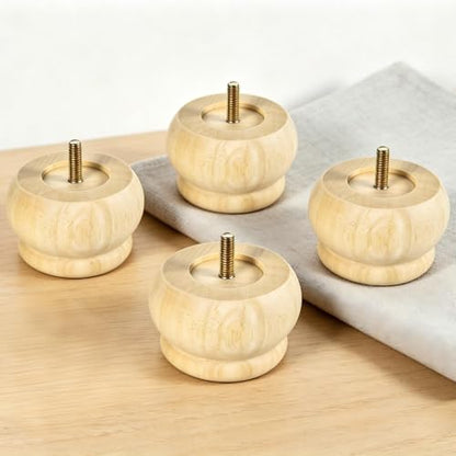 2 Inch Round Furniture Legs Natural Wood Bun Feet Set of 4