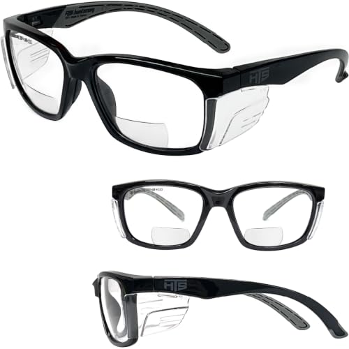 E60 2.0 Diopters Bifocal Safety Glasses with Side Shields (Black & Clear Bifocal (+2.0 Diopter))