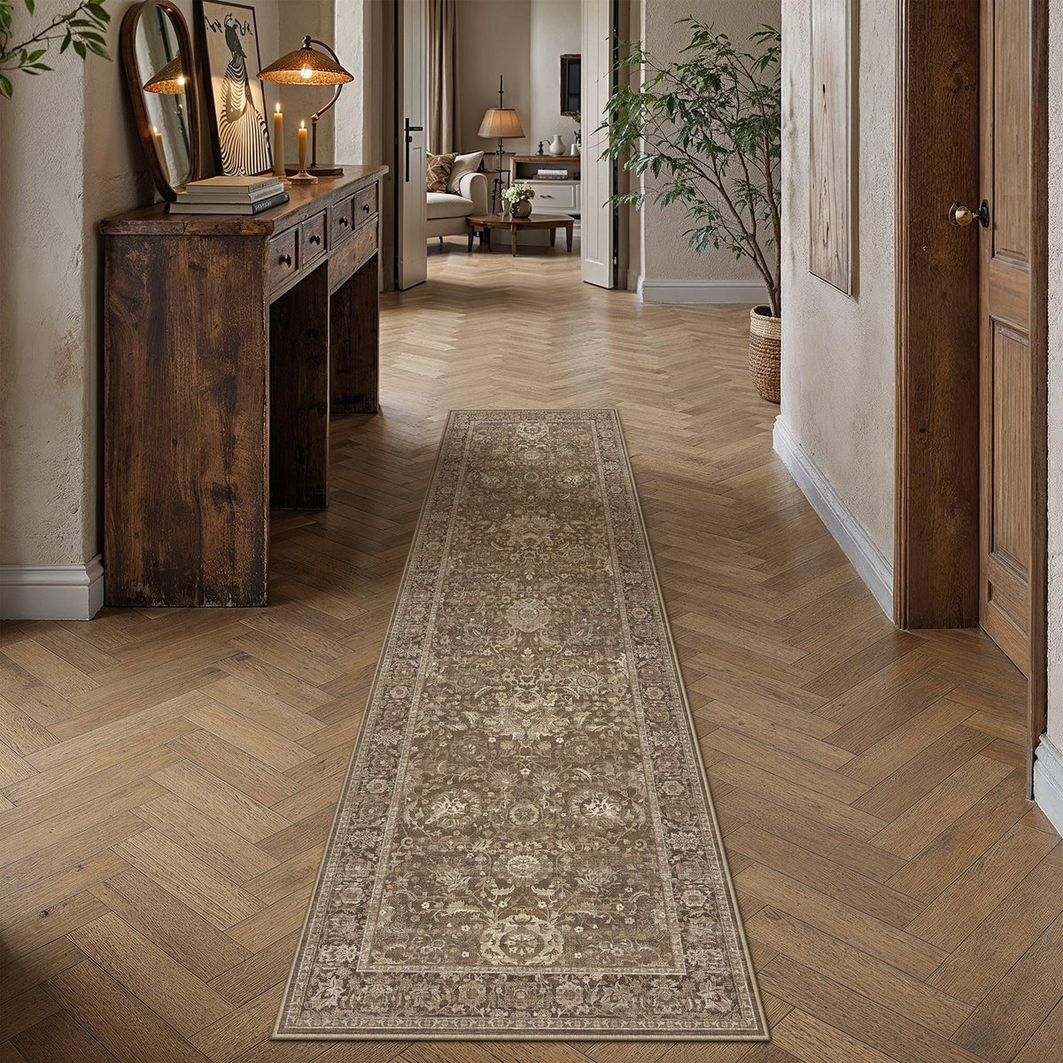 Hallway Runner Rugs 2'6 x 8' Brown Vintage Rug (Retro | Brown / 2'7" x 8' (Runner))