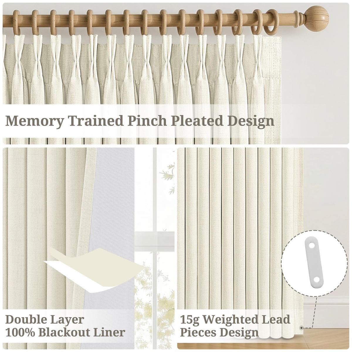 70 Inch Extra Wide Pinch Pleated Blackout Curtains for Living Room 2 Panels (Cream / 70"W x 90"L (Pack of 2))