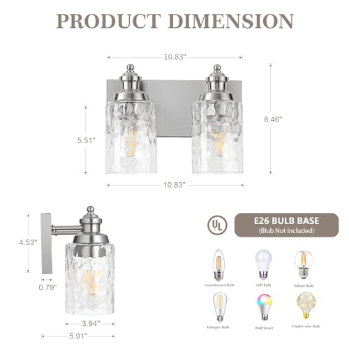 2 Light Bathroom Light Fixtures with Water Ripple Glass (Brushed Nickel / 2-light)