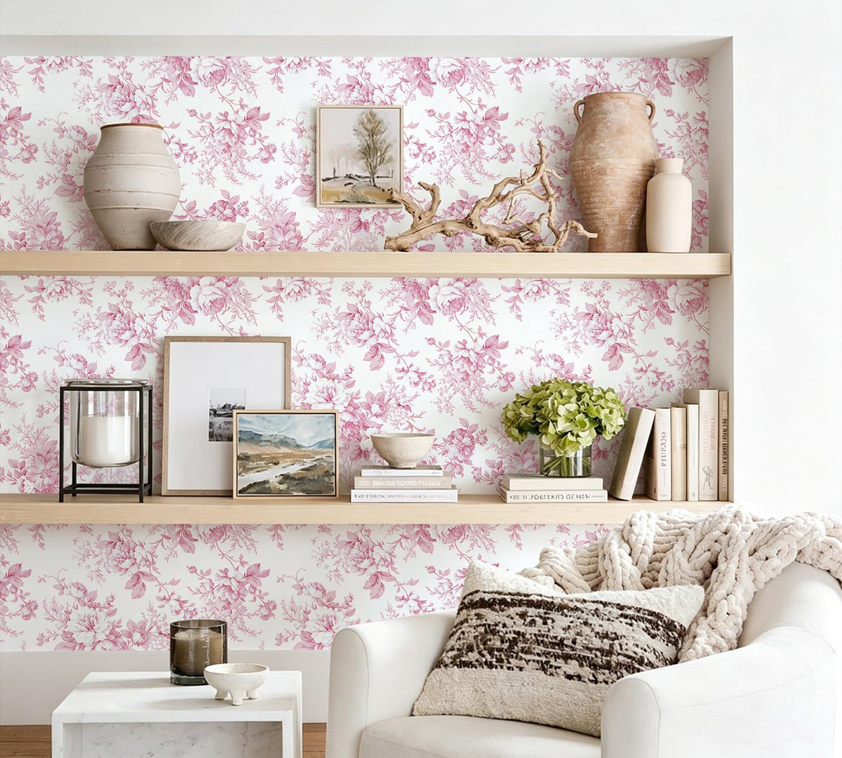 Floral Peel and Stick Wallpaper Pink Flower Paper 17in x 118in (Pink / 16.9" x 118.1")