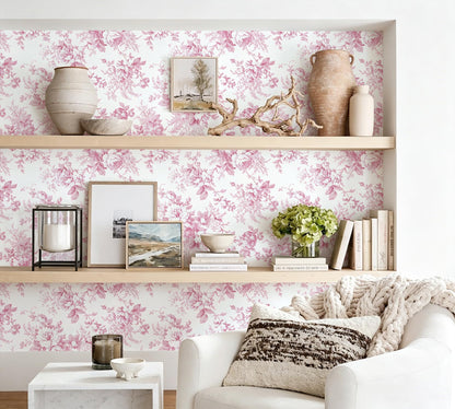 Floral Peel and Stick Wallpaper Pink Flower Paper 17in x 118in (Pink / 16.9" x 118.1")