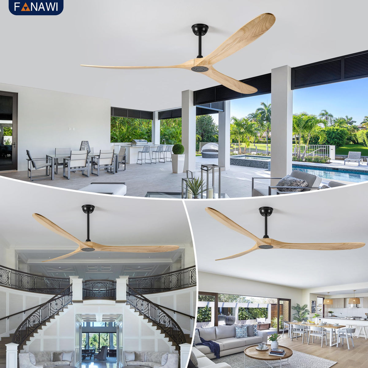 84 Inch Solid Wood 3 Blade No Light Ceiling Fan (Black / 84'')