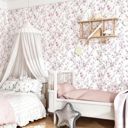 Floral Peel and Stick Wallpaper Pink Floral Contact Paper Cherry Blossom Self Adhesive Removable Wall Paper Flower Peel and Stick Wallpaper for Nursery Living Room Decor Vinyl