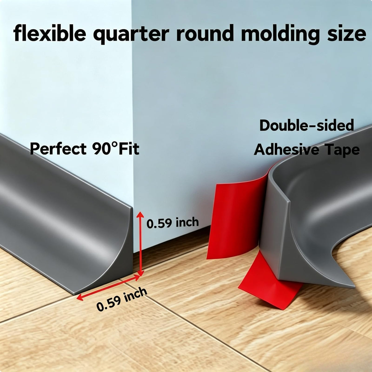 10ft Flexible Quarter Round Molding Peel and Stick Silicone Caulk Strip (Gray / 10ft(0.59*0.59inch))