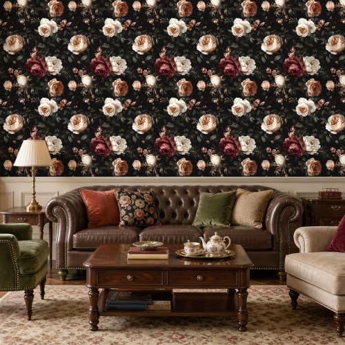 Vintage Burgundy Boho Floral Peel and Stick Wallpaper 17.4"x78.8" (Dark Red and Wite / 17.4" x 78.8")