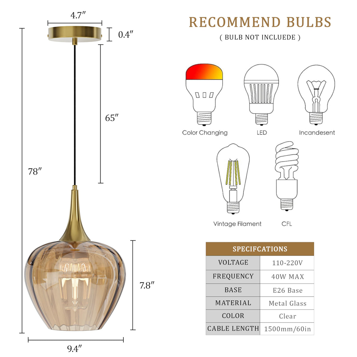 Gold Pendant Lighting for Kitchen Island (Gold & Amber Glass - 3 Pack)