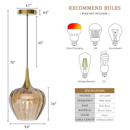 Gold Pendant Lighting for Kitchen Island (Gold & Amber Glass - 3 Pack)