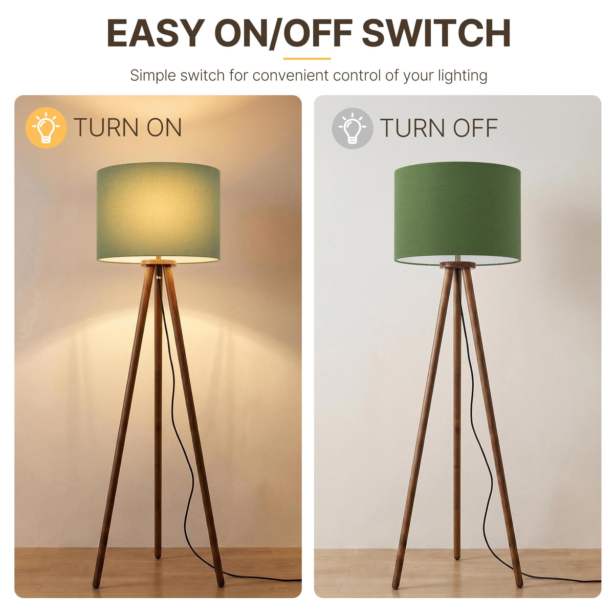 60.6 Inch Walnut Wood Tripod Floor Lamp with Linen Drum Shade (Green)