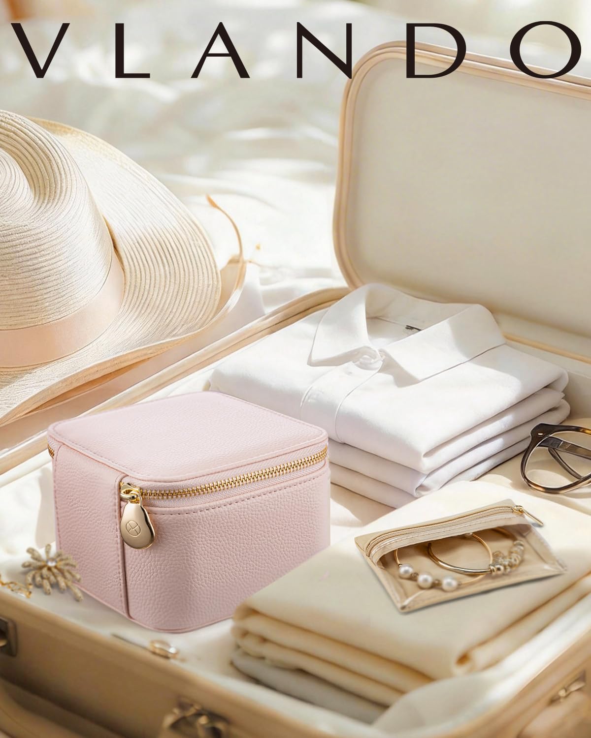 Travel Jewelry Organizer Case with 6 Clear Velvet Zipper Pouches (F.6 PCS Pink)