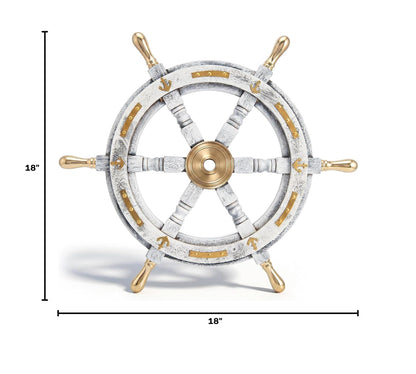 Coastal Voyage Antique White Finish Vintage Wooden Ship Wheel Nautical Wall Decor (White / 18"L x 18"W)