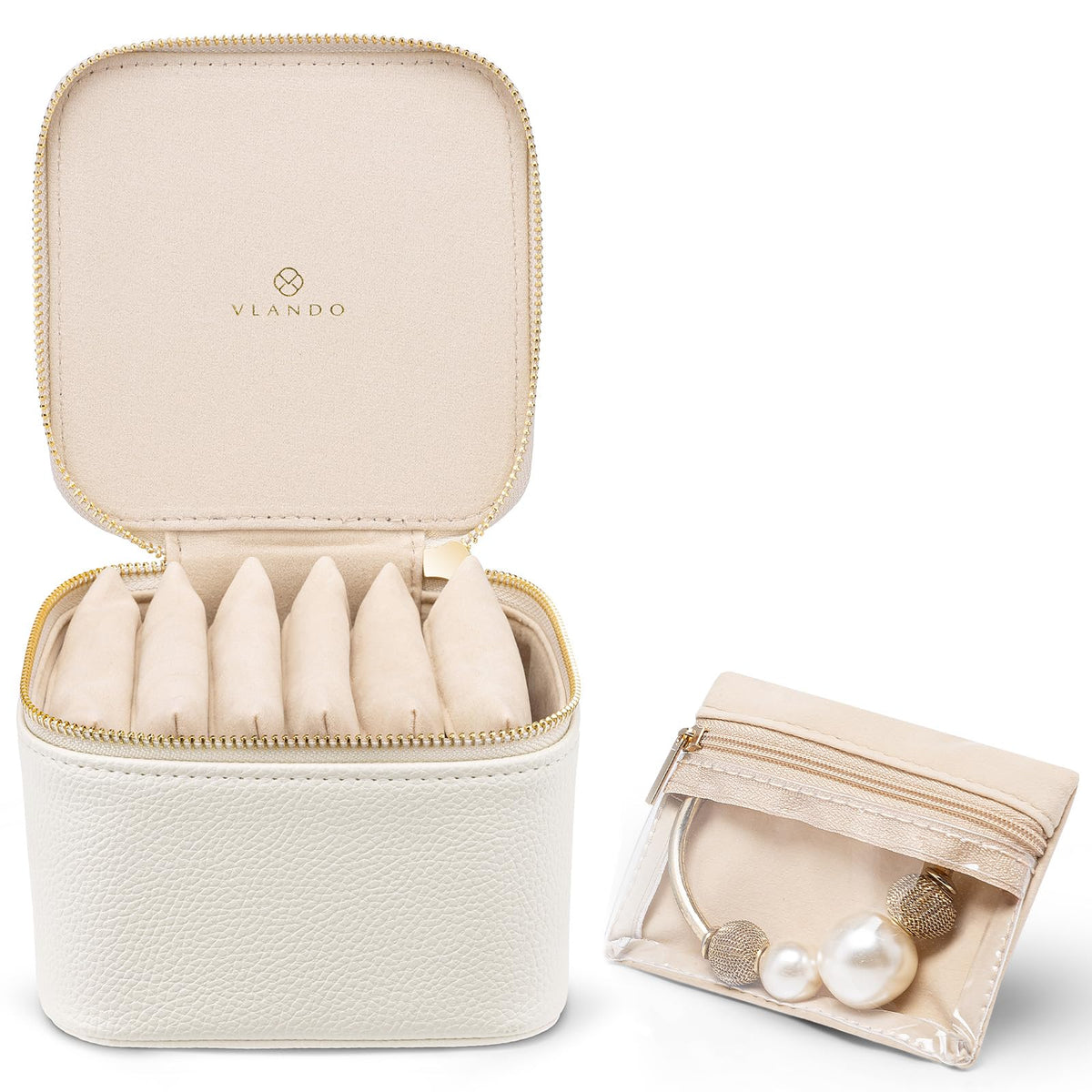 Travel Jewelry Organizer Case with 6 Clear Velvet Zipper Pouches (F.6 PCS White)