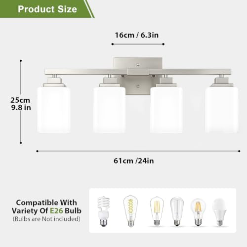 Brushed Nickel Bathroom Light Fixtures (Nickel-White Shade / 4-Light)