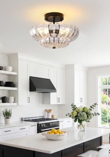 Vintage Black Close to Ceiling Light Fixture with Glass Shade