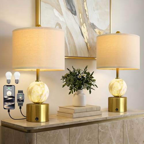 Glass Table Lamps Set of 2 with Nightlight for Bedroom