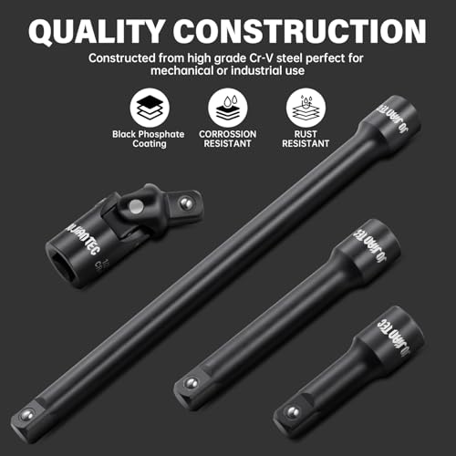 4-Piece 1/2-Inch Drive Impact Extension Bar and Universal Joint Set, 3-Inch, 5-Inch, and 10-Inch Sizes, CR-V Steel, Manganese Phosphate Finished