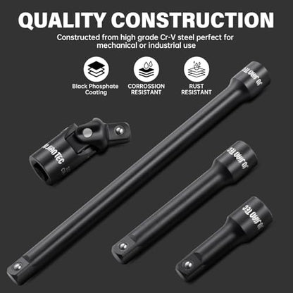 4-Piece 1/2-Inch Drive Impact Extension Bar and Universal Joint Set, 3-Inch, 5-Inch, and 10-Inch Sizes, CR-V Steel, Manganese Phosphate Finished