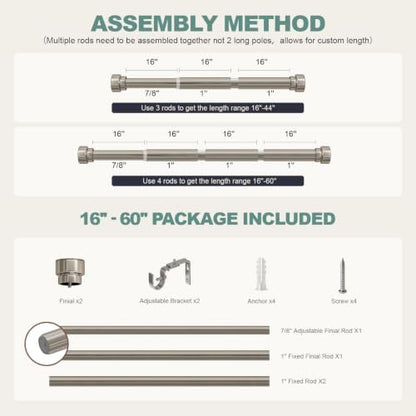 Modern Brushed Nickel Curtain Rods for Windows 28 to 48 with Adjustable Brackets Heavy Duty 1" Diameter Window Treatment Rod with Solid Metal Finials for Outdoor Bedroom Kitchen Living Room (Brushed Nickel / 16"-60"|1 Pack)
