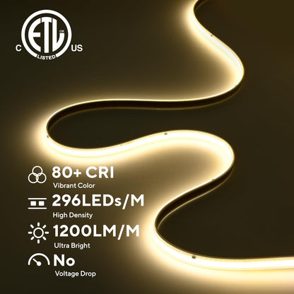 AC 120V ETL COB LED Strip Light 4000K Natural White IP65 65.6FT (Natural White 4000K / 65.6FT)