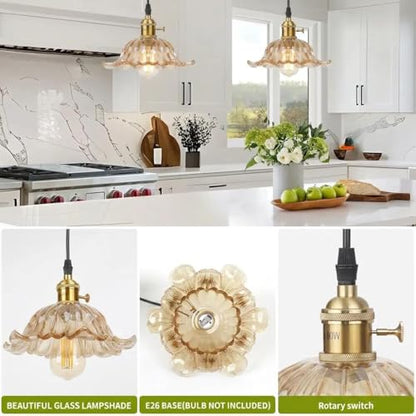 2 Pack Pendant Lights with Green Flower Glass Shade