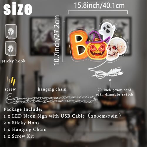 Halloween Neon Sign Dimmable UV Printed Boo Spooky Pumpkin Ghost Neon Light