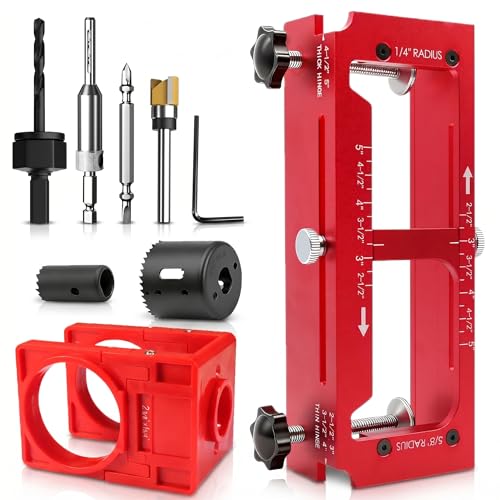 All-in-one Door Hinge Jig & Door Lock and Door Latch Installation Kit, Aluminum Alloy Adjustable Mortise Template for Router, Fits 2.5"–5" Hinges with 1/4" or 5/8" Radius Square Corners