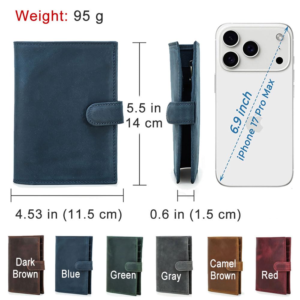 Full Grain Leather Passport Holder Compatible with Airtag RFID Blocking Passport Wallet Travel Slim Passport Cover with SIM Card Removal Tool (Blue / Plain- Snap)