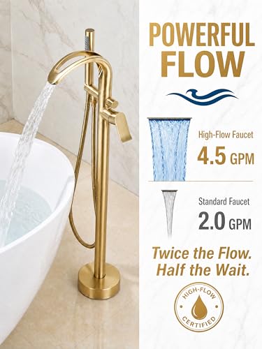 Freestanding Bathtub Faucet Stand Alone High Flow Brass Brush Gold Tub Filler