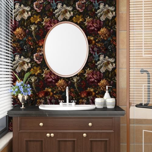 Vintage Black Boho Gothic Floral Peel and Stick Wallpaper 17.4"x118" (Black/Dark Yellow / 17.4" x 118")