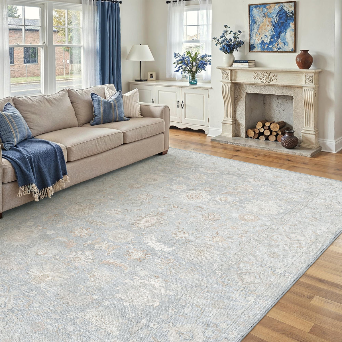 8x10 Blue Neutral Floral Area Rug (Neutral | Blue / 8' x 10' (Rectangular))
