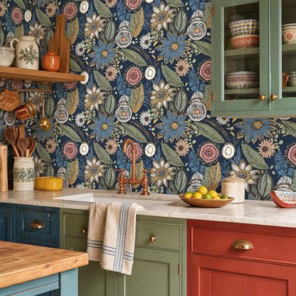 Vintage Dark Blue Boho Floral Peel and Stick Wallpaper 17.4"x118" (Blue with Pink / 17.4" x 118")