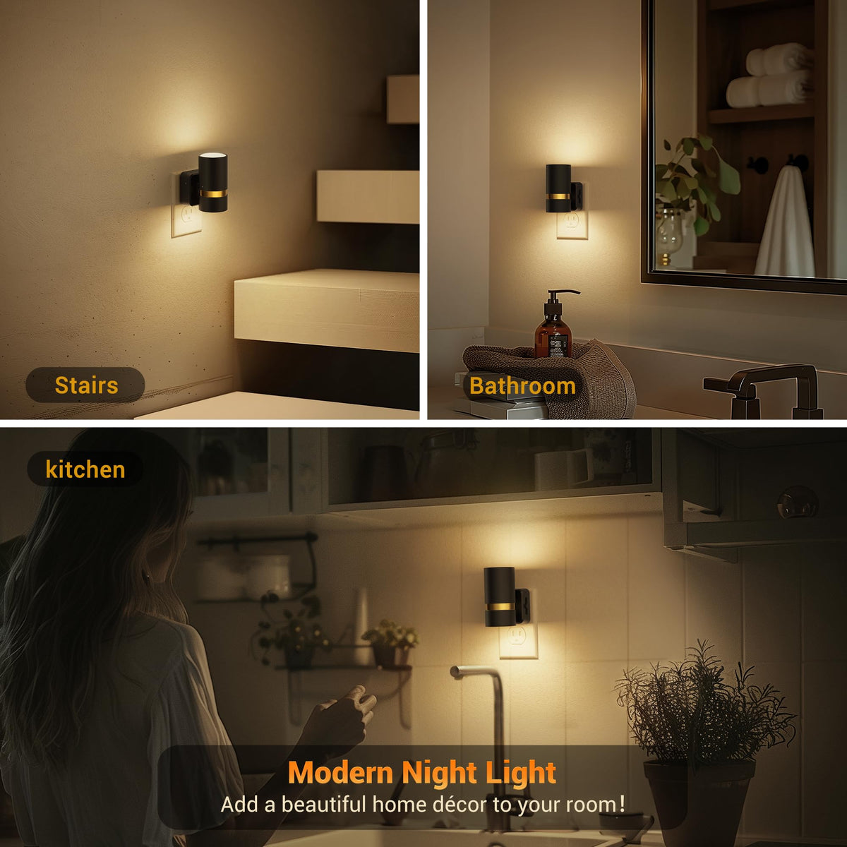 Night Lights Plug into Wall (Black-3000K / 2 Pack)