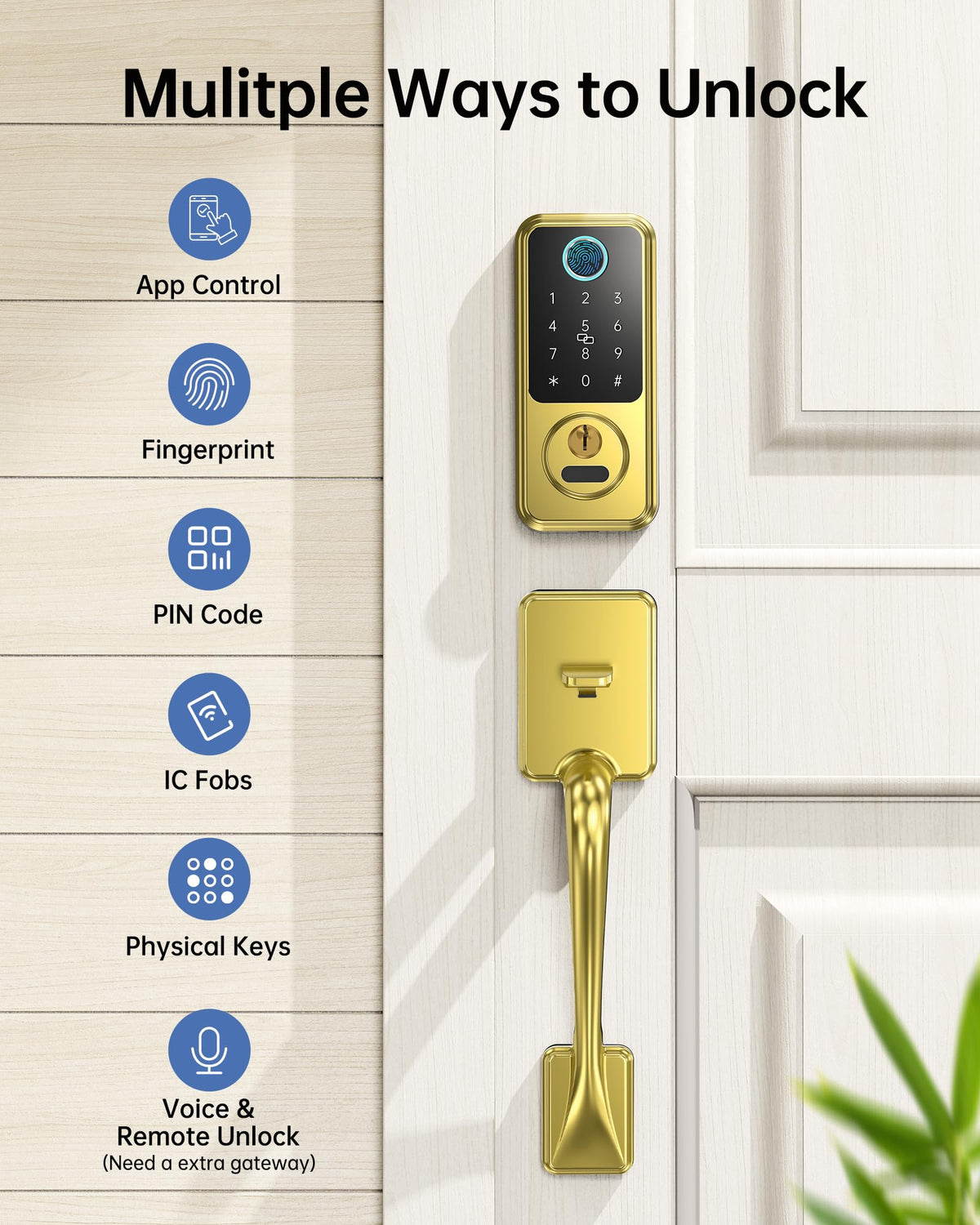 Smart Lock for Front Door (Brushed Gold)