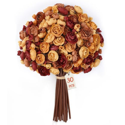 30Pcs Ranunculus Artificial Flowers Fall Faux Silk Mini Ranunculus (Maple Orange&burgundy&mocha Brown&fall Yellow)