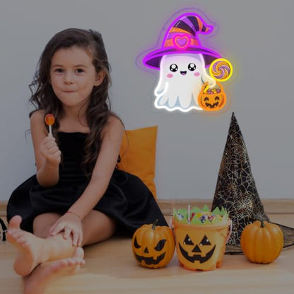 Halloween Ghost Neon Sign Dimmable Cute Witch Hat Ghost Led Neon Light (Colorful-Witch)