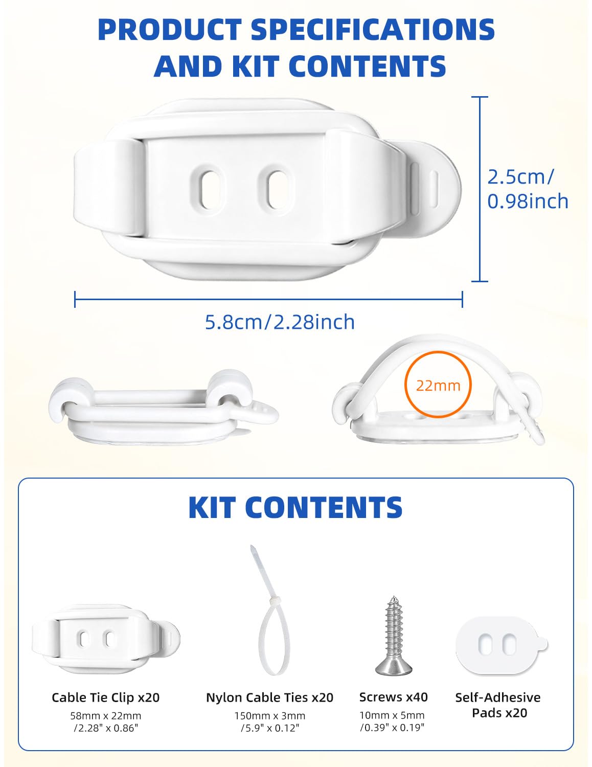 20 Pack Adhesive Cable Clips (White)