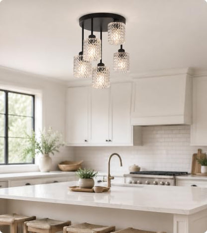 Kitchen Ceiling Light Fixture Black 5 Lights with Clear Glass Shade (5Light-Clear)