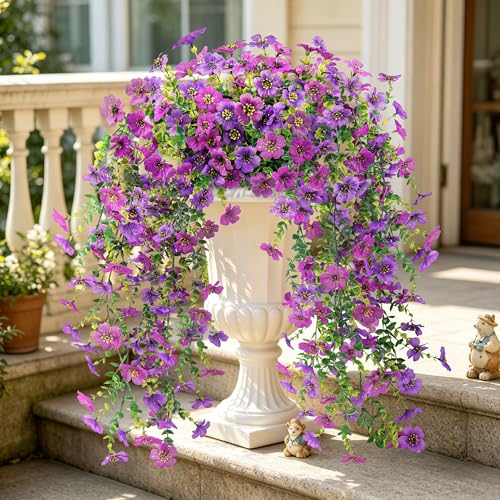 4Pcs Artificial Flowers for Outdoors 29.5'' Faux Hanging Flowers for Outdoor Planters (Lavender / Deep Purple)