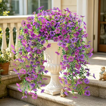 4Pcs Artificial Flowers for Outdoors 29.5'' Faux Hanging Flowers for Outdoor Planters (Lavender / Deep Purple)