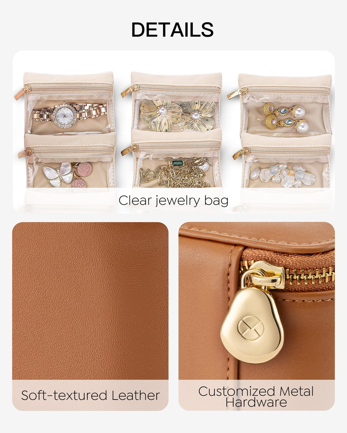 Travel Jewelry Organizer with 6 Clear Velvet Zipper Pouches (E.6 PCS Brown)