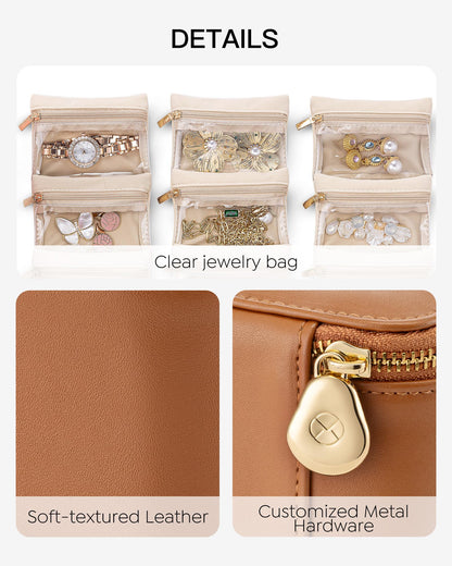 Travel Jewelry Organizer with 6 Clear Velvet Zipper Pouches (E.6 PCS Brown)